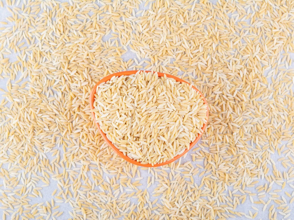 Bowl con arroz crudo rodeado de granos, posible presencia de gusanos en el arroz almacenado sin protección adecuada.