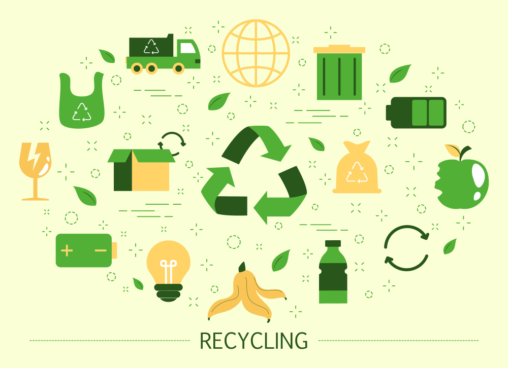 ilustración sobre el reciclaje que muestra distintos tipos de desechos en color verde al rededor del triángulo de reciclaje