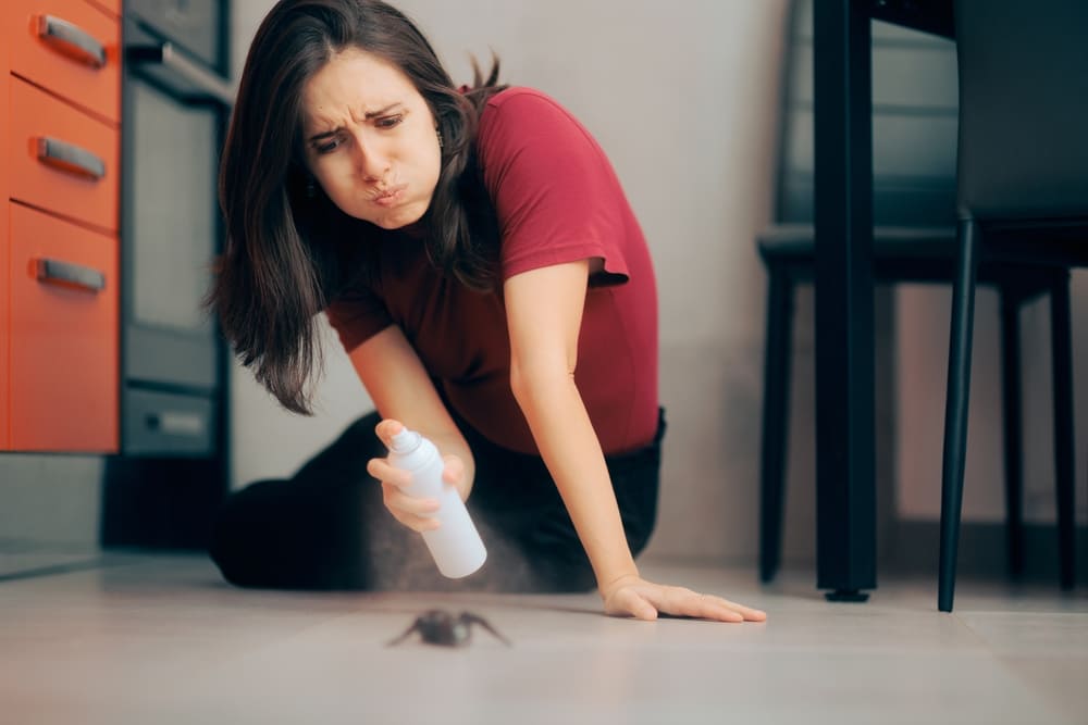 mujer tratando de matar una araña con insecticida